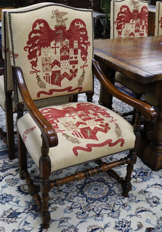 A set of eight 17th century style oak dining chairs